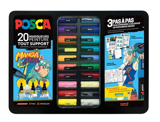 [1467216] Paintmarker Uni POSCA Manga Hero assorti metalen koffer à 20 stuks