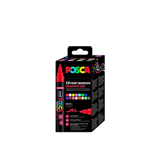 [1467222] Marqueur peinture Uni POSCA PC-5BR pointe pinceau Medium set 16 couleurs