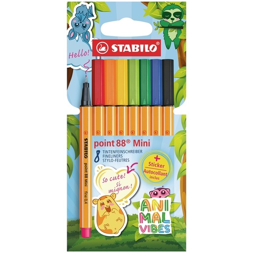 [1467231] Fineliner STABILO point 88 Animal Vibes mini Fin assorti blister 8 pièces