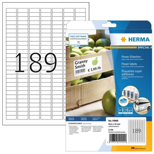 [1467762] Etiquette HERMA Power 10900 25,4x10mm blanc 4725 pièces