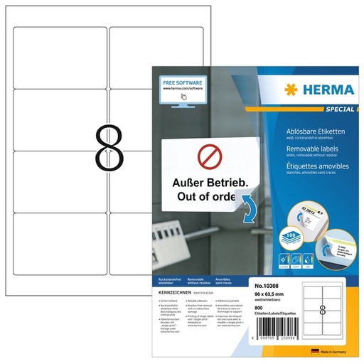 [1467764] Etiquette HERMA 10308 96x63,5mm amovible blanc 800 pièces