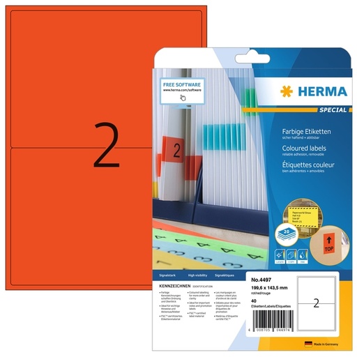 [1467765] Etiquette HERMA 4497 199,6x143,5mm amovible rouge 40 pièces