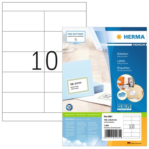 [1469455] Etiquette HERMA 4281 Premium 105x50,8mm blanc 1000 pièces