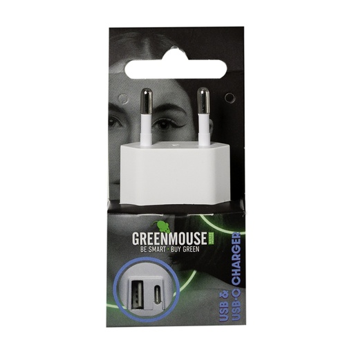 [1469479] Oplader Green Mouse USB-C 1x en USB-A 1x wit blisterverpakking