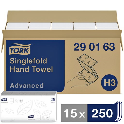 [892100] Essuie-mains Tork H3 Advanced 290163 Singlefold 2 épaisseurs 248x230mm blanc 15x 250 feuilles