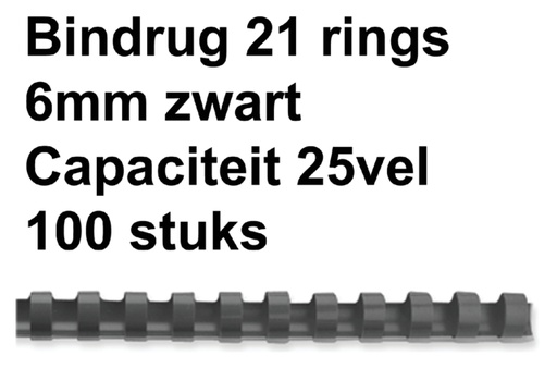 [536021] Bindrug GBC 6mm 21rings A4 zwart 100 stuks