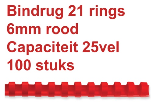 [536022] Bindrug GBC 6mm 21rings A4 rood 100 stuks