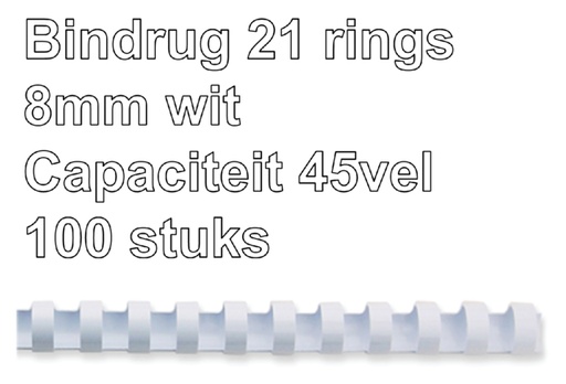 [536060] Bindrug GBC 8mm 21-rings A4 wit 100 stuks