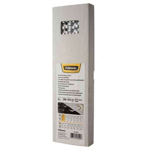 [535720] Reliure Fellowes 6mm 21 anneaux A4 blanc 100 pièces