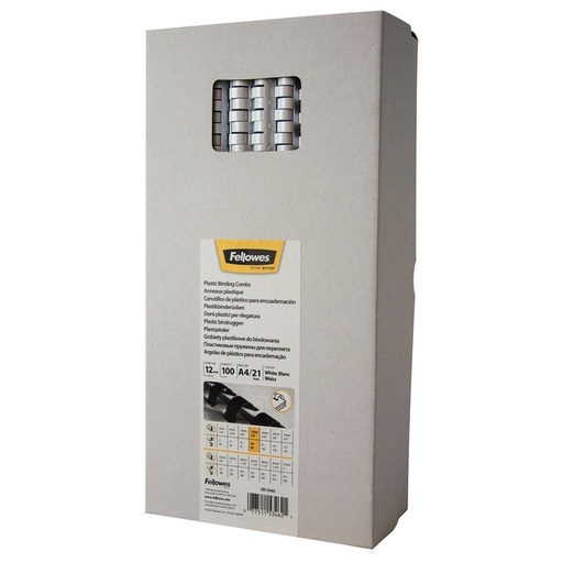 [535750] Reliure Fellowes 12mm 21 anneaux A4 blanc 100 pièces