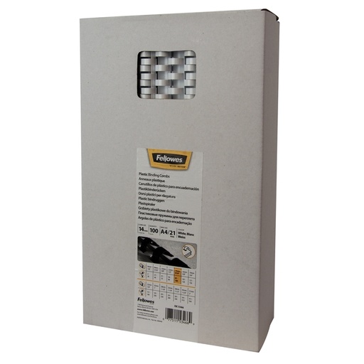 [535760] Reliure Fellowes 14mm 21 anneaux A4 blanc 100 pièces