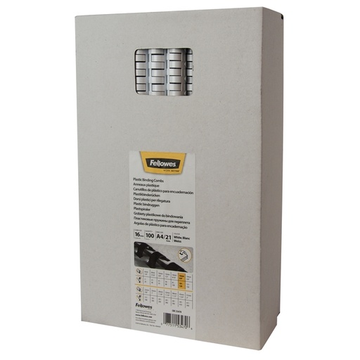 [535770] Reliure Fellowes 16mm 21 anneaux A4 blanc 100 pièces