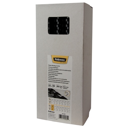 [535791] Reliure Fellowes 22mm 21 anneaux A4 noir 50 pièces