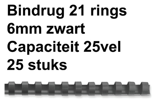 [537751] Bindrug Fellowes 6mm 21rings A4 zwart 25 stuks