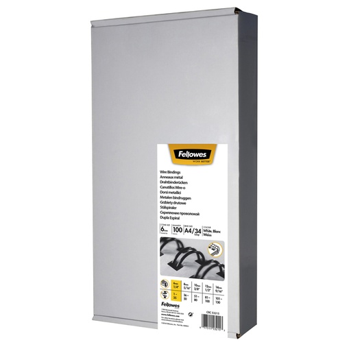 [537802] Reliure métallique Fellowes 6mm 34 anneaux A4 blanc 100 pièces