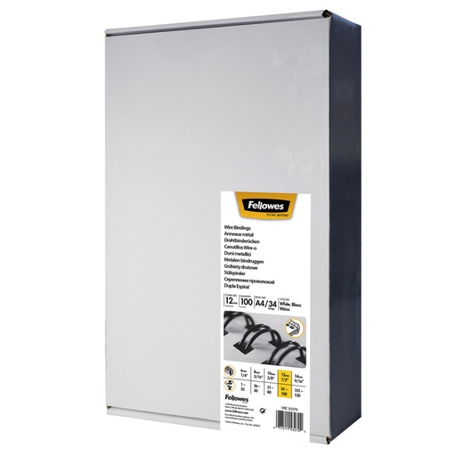 [537851] Peigne métallique Fellowes 12mm 34 anneaux A4 argent 100 pièces