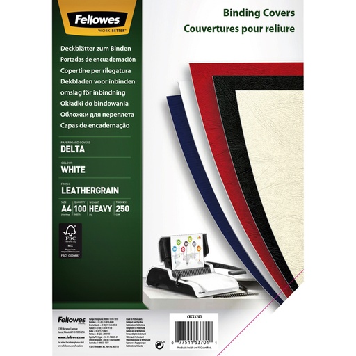 [535220] Voorblad Fellowes A4 lederlook wit 100 stuks