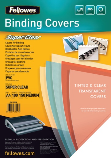 [535225] Couverture Fellowes A4 PVC 150 micron transparent 100 pièces