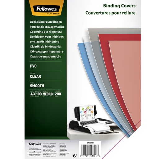 [535224] Couverture Fellowes A3 PVC 200 micron transparent 100 pièces