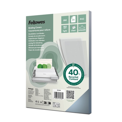 [535228] Couverture Fellowes A4 PVC 180 micron transparent 25 pièces