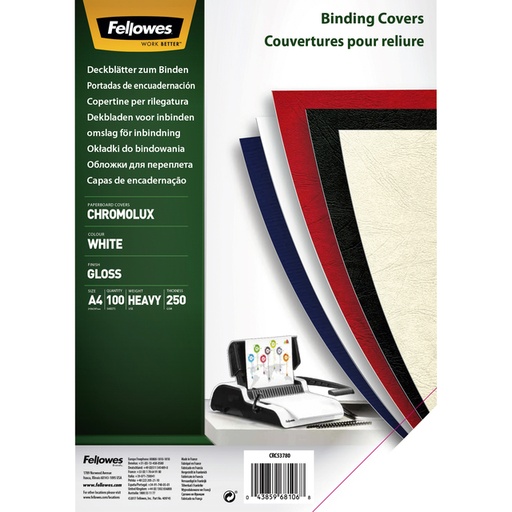 [535229] Couverture Fellowes Chromolux A4 250g blanc 100 pièces