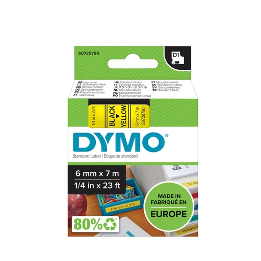 [930381] Ruban étiquettes Dymo LabelManager D1 polyester 6mmx7m noir sur jaune