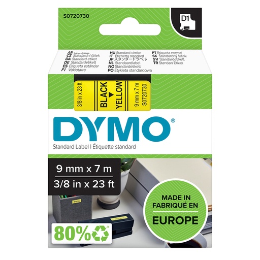 [930351] Ruban étiquettes Dymo LabelManager D1 polyester 9mmx7m noir sur jaune