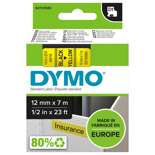 [930223] Labeltape Dymo LabelManager D1 polyester 12mm zwart op geel