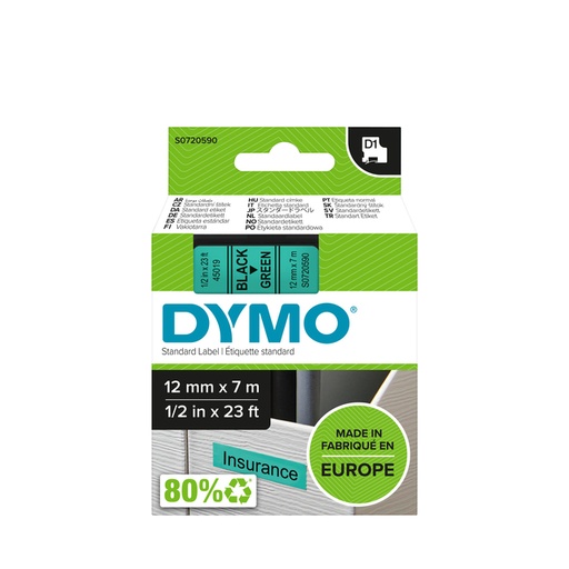 [930224] Ruban Dymo LabelManager D1 polyester 12mmx7m noir sur vert