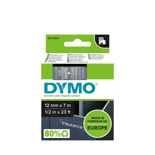 [930549] Labeltape Dymo LabelManager D1 polyester 12mm wit op transparant