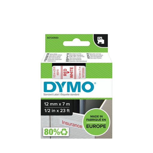 [930220] Labeltape Dymo LabelManager D1 polyester 12mm rood op wit