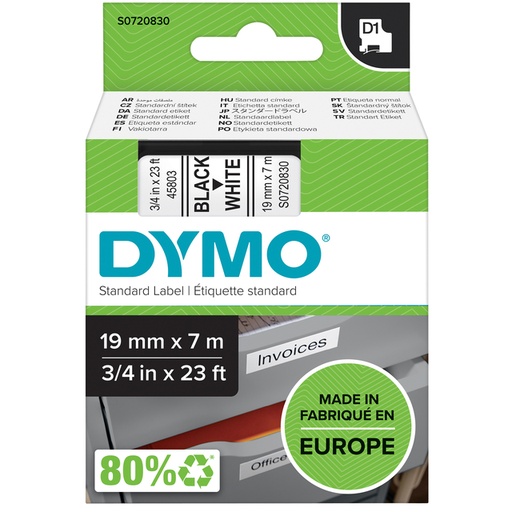[930235] Ruban étiquettes Dymo LabelManager D1 polyester 19mmx7m noir sur blanc