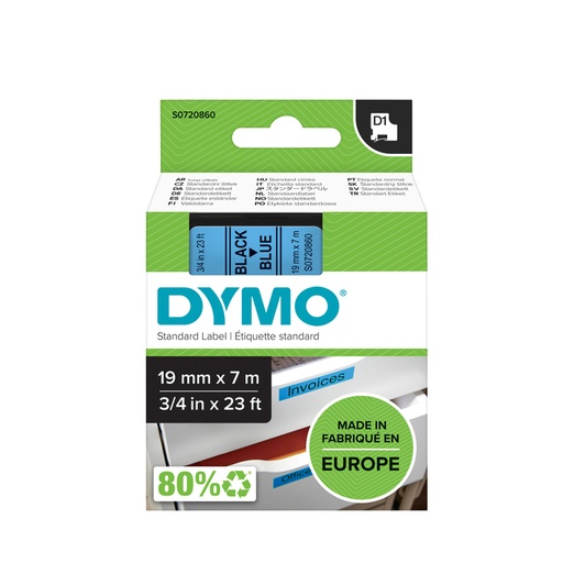 [930231] Ruban étiquettes Dymo LabelManager D1 polyester 19mmx7m noir sur bleu