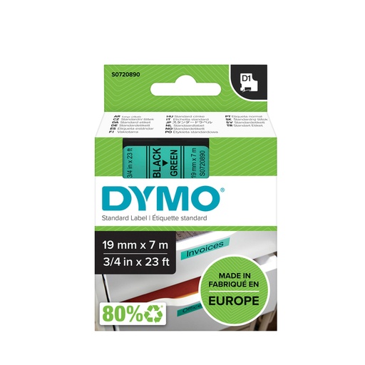[930234] Ruban étiquettes Dymo LabelManager D1 polyester 19mmx7m noir sur vert