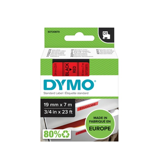 [930232] Ruban étiquettes Dymo LabelManager D1 polyester 19mmx7m noir sur rouge