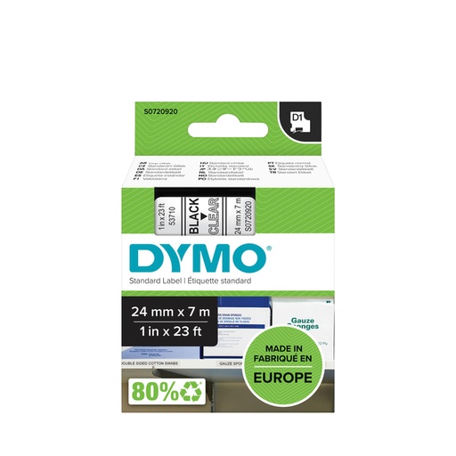 [930553] Ruban étiquettes Dymo LabelManager polyester D1 24mmx7m noir sur transparent