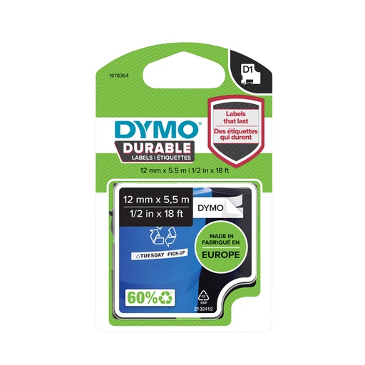 [817588] Ruban étiquettes Dymo LabelManager D1 polyester 12mmx5,5m durable noir sur blanc
