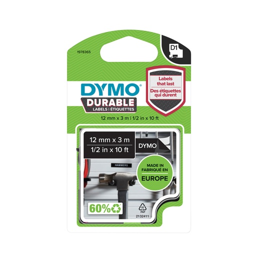 [817589] Ruban étiquettes Dymo LabelManager D1 polyester 12mmx5,5m blanc sur noir
