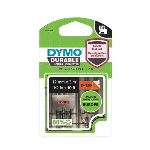 [817598] Ruban étiquettes Dymo LabelManager D1 polyester 12mmx5,5m noir sur orange
