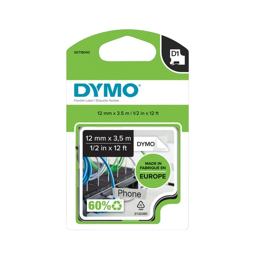 [931193] Ruban Dymo LabelManager D1 nylon 12mmx3,5m noir sur blanc