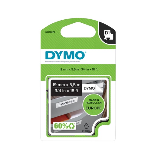 [930558] Labeltape Dymo LabelManager D1 polyester 19mmx5,5m zwart op wit