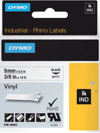 [930870] Ruban Dymo Rhino  industriel vinyle 9mmx5,5m noir sur blanc