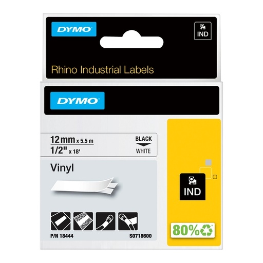 [930285] Ruban Dymo Rhino Industriel vinyle 12mmx5,5m noir sur blanc