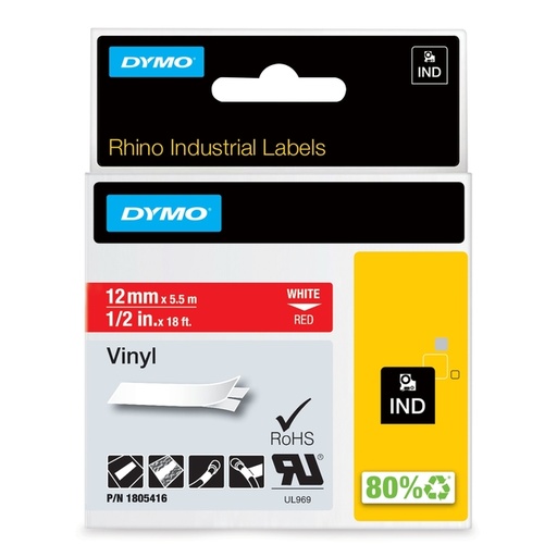 [930883] Ruban Dymo Rhino Industriel vinyle 12mmx5,5m blanc sur rouge