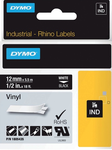 [930875] Ruban Dymo Rhino Industriel vinyle 12mmx5,5m blanc sur noir