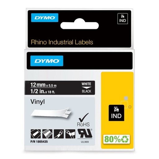 [930875] Ruban Dymo Rhino Industriel vinyle 12mmx5,5m blanc sur noir