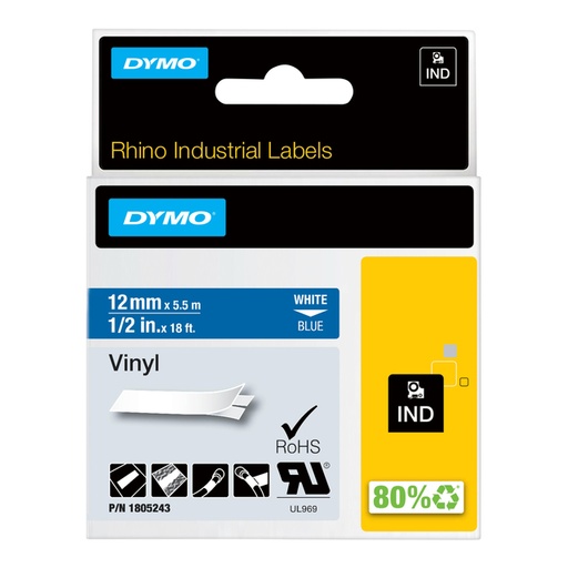 [930874] Ruban Dymo Rhino Industriel vinyle 12mmx5,5m vinyle blanc sur bleu