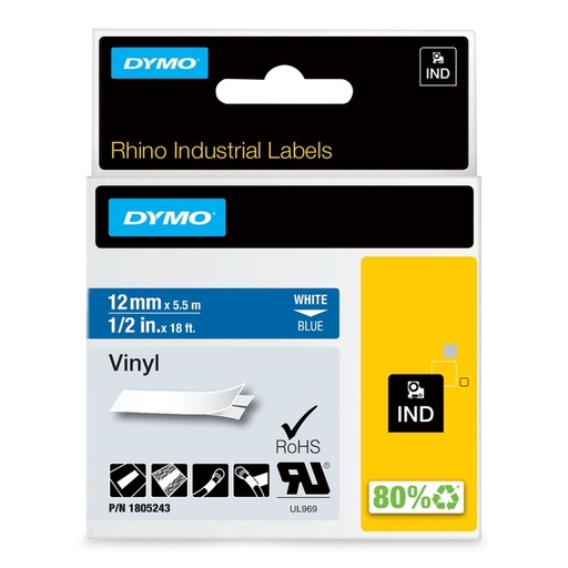 [930874] Ruban Dymo Rhino Industriel vinyle 12mmx5,5m vinyle blanc sur bleu