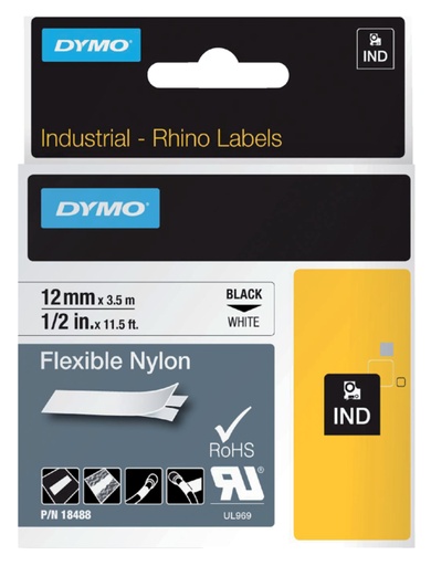 [930860] Labeltape Dymo Rhino industrieel nylon 12mm zwart op wit