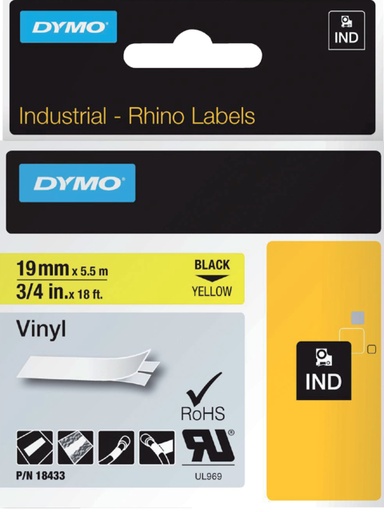 [930866] Ruban Dymo Rhino Industriel vinyle 19mmx5,5m noir sur jaune